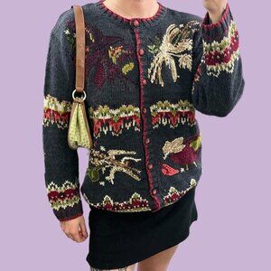 gray autumnal boho cottagecore granola embroidered knit cardigan